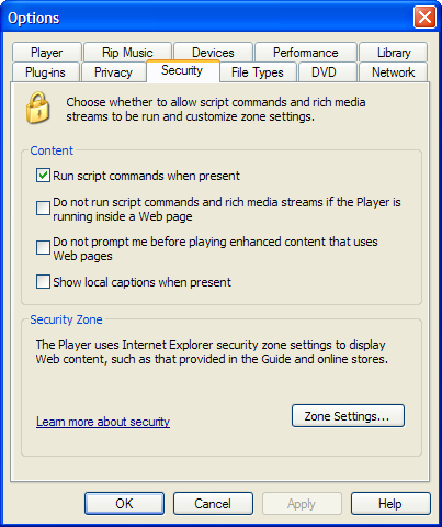 Windows Media Player Script Options