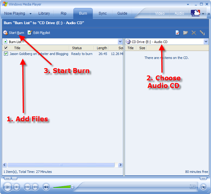 To create a disk full of MP3 or WMA podcast files using Windows Media Player 