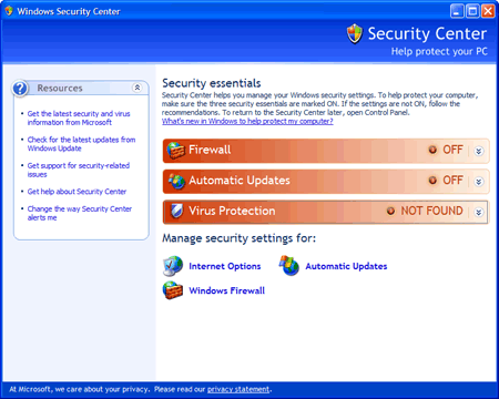 Windows Security Center with no features turned on